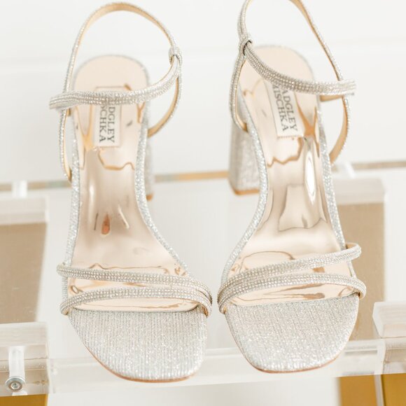 Badgley Mischka Rebekah Platinum Silver Women 8 Block Heel Sandal Fabric - Picture 10 of 14